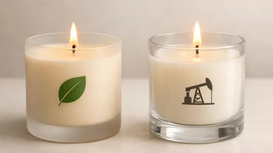 Дві свічки поруч, одна соєва воскова свічка з етикеткою у вигляді зеленого листя та одна парафінова воскова свічка у прозорій скляній банці.