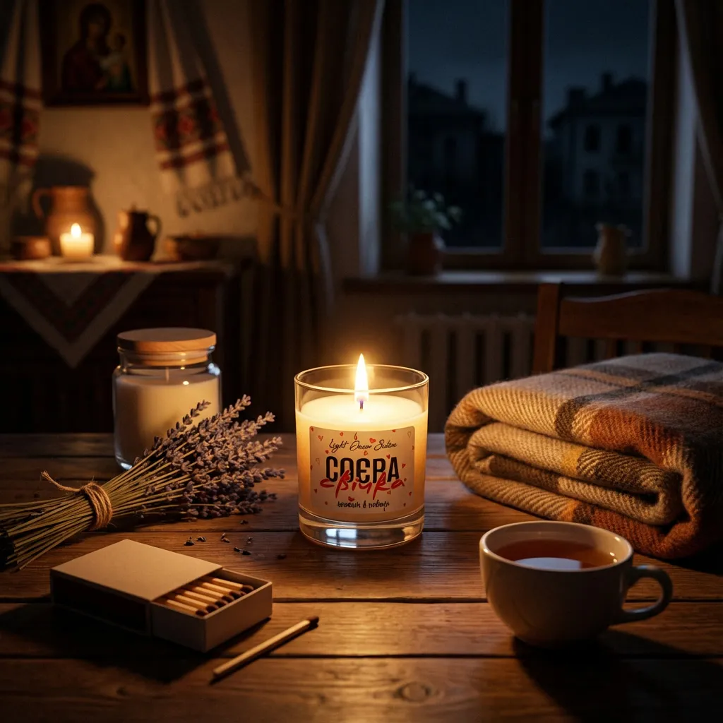 Соєва свічка на столі світиться в темряві