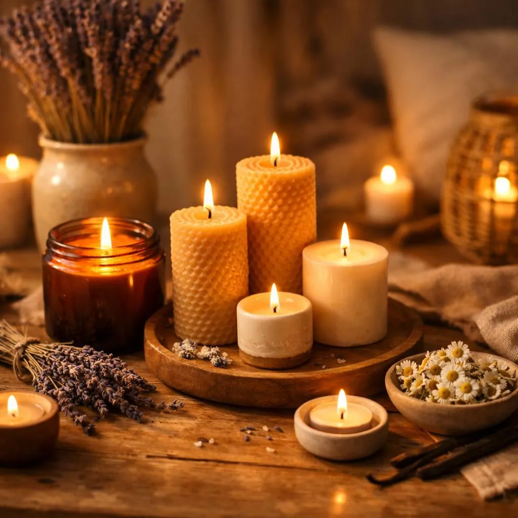 Затишний інтер’єр з м’яким світлом свічок із соєвого та бджолиного воску на дерев’яній поверхні, що створює спокійну й гармонійну атмосферу дому.